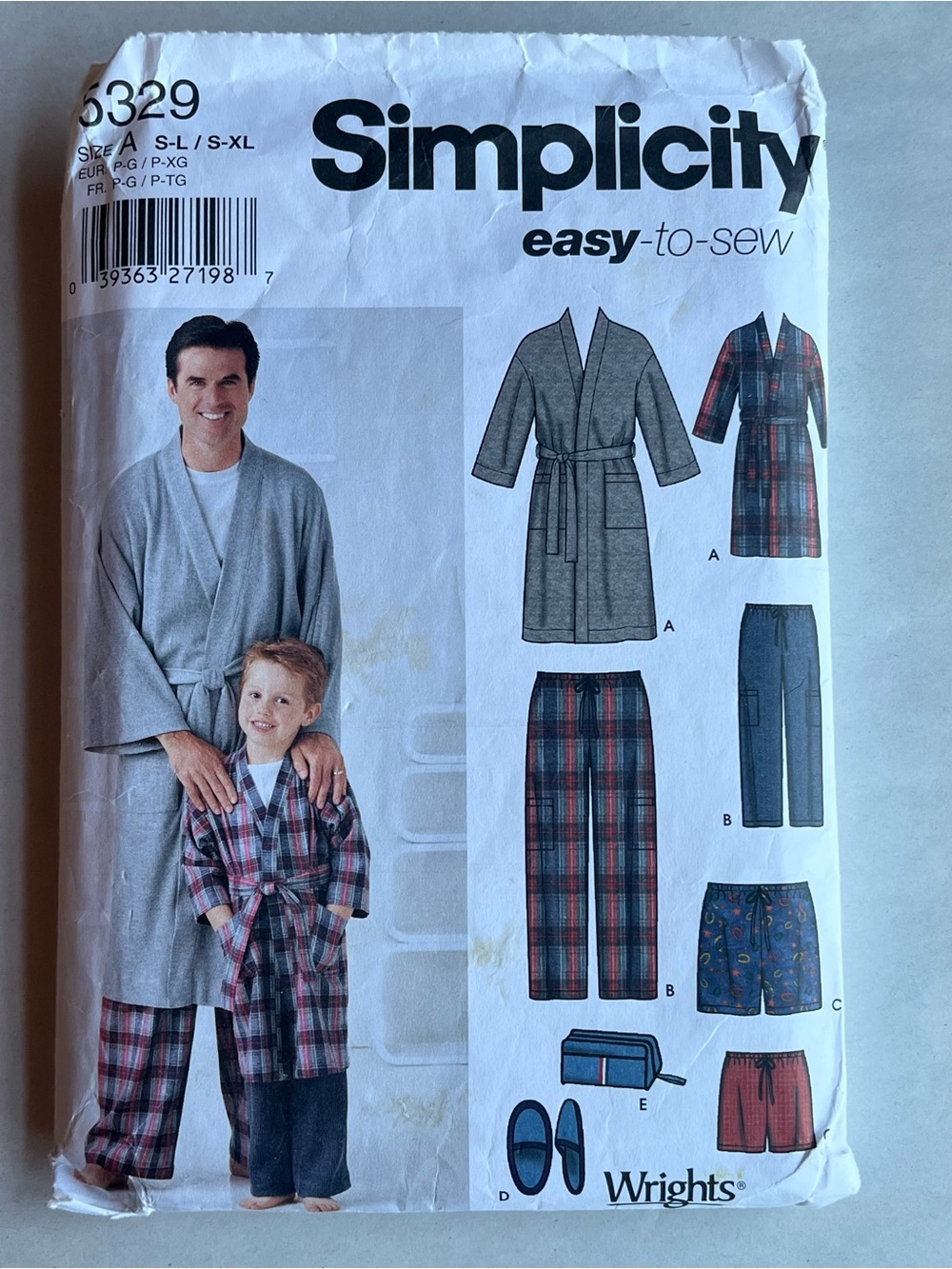 Simplicity 5329 Boys Mens Pants Shorts Robe Slippers Travel Bag Sewing Pattern